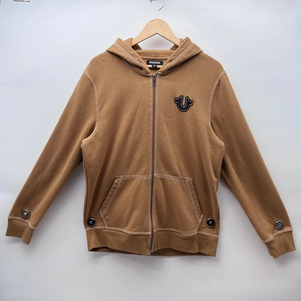 True Religion Zip Up Hoodie Mens Large Brown Buddha Graphic Contrast Stitching